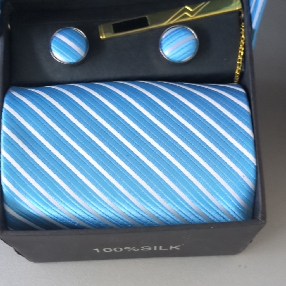 Blue Striped Silk Tie Set